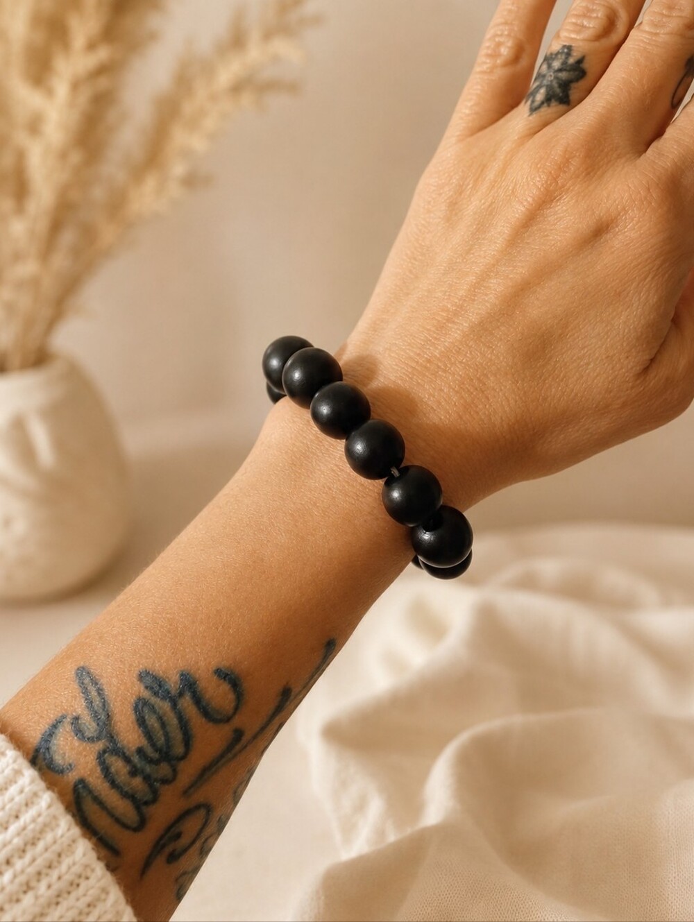 Handcrafted Black Wooden Artisan Beaded Stretch Bracelet